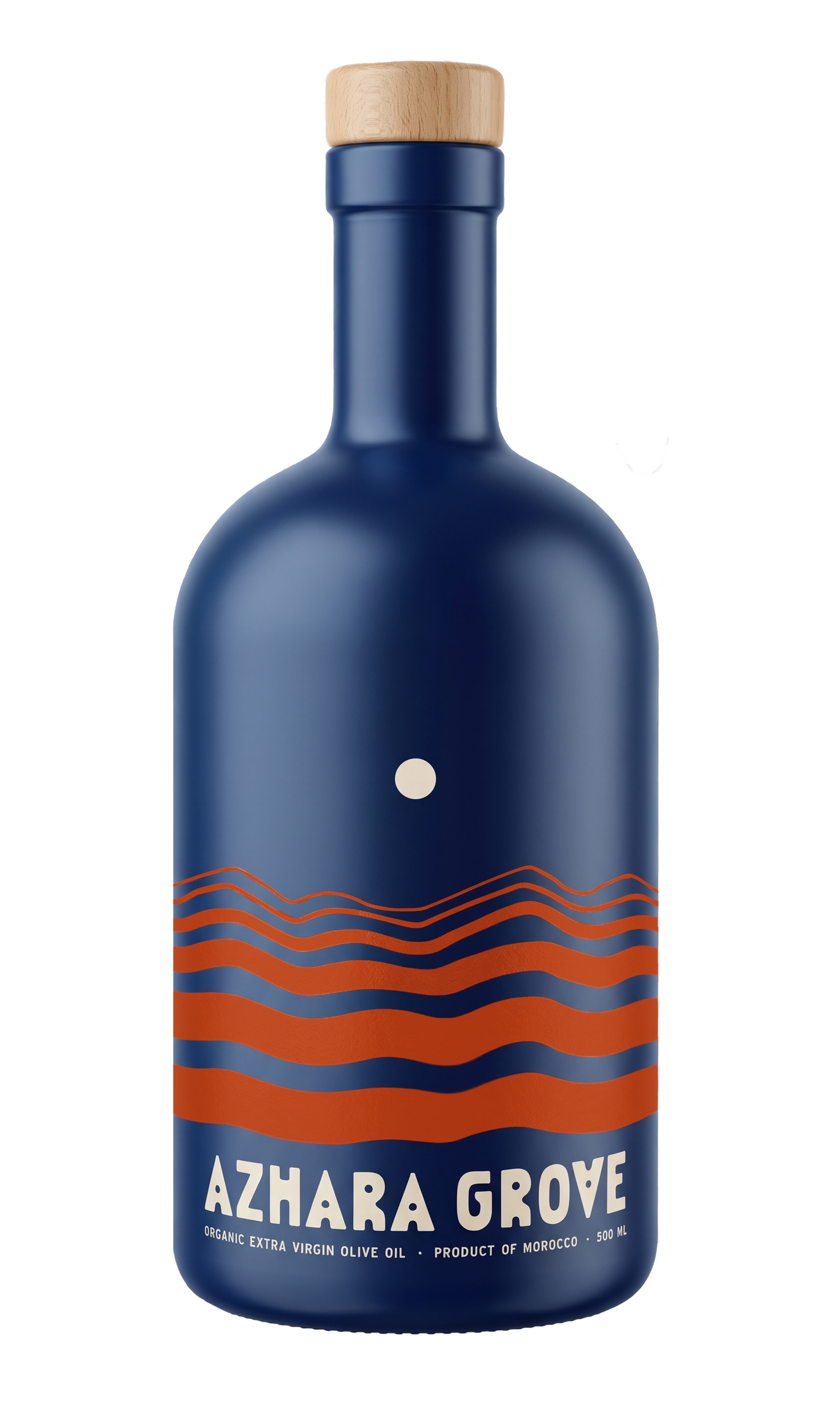 Blue bottle with red wave design and 'Azhara Grove' branding on a white background